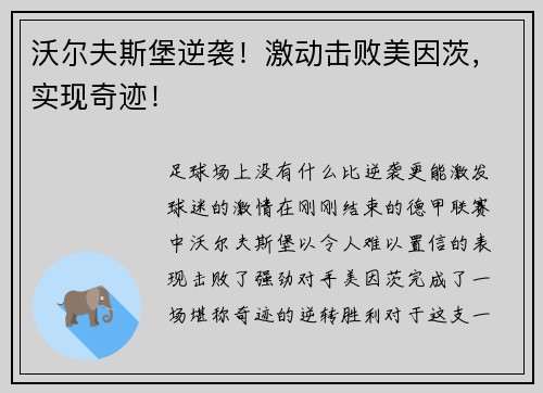 沃尔夫斯堡逆袭！激动击败美因茨，实现奇迹！