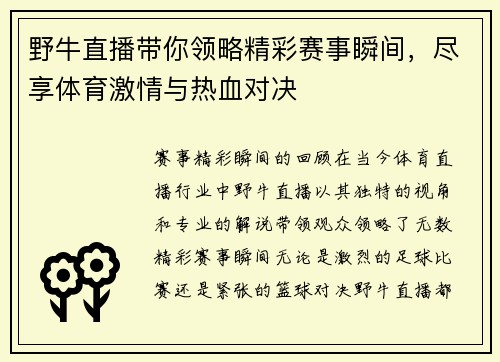 野牛直播带你领略精彩赛事瞬间，尽享体育激情与热血对决